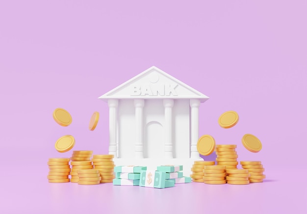 Edifício de banco e pilhas de moedas de notas no conceito de financiamento de investimento de fundo roxo ilustração de estilo de desenho animado mínimo renderização em 3d