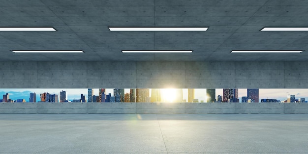 Edifício de cimento e concreto com vista da janela da paisagem urbana do nascer do sol