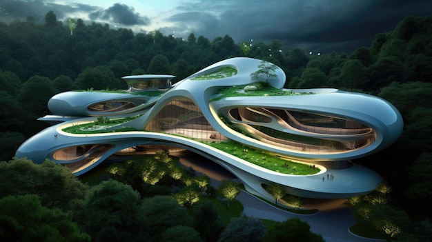 Edifício de escritórios complexo sustentável futurista para a elegância da economia verde