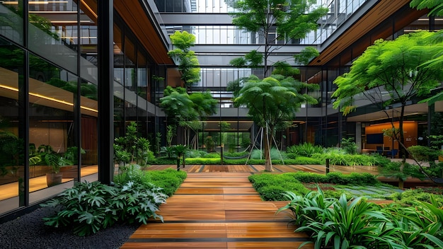 Edifício de escritórios ecológico com design sustentável e entorno verde em um conceito de ambiente urbano Edifícios ecológicos Design sustentável Ambiente verde em ambientes urbanos