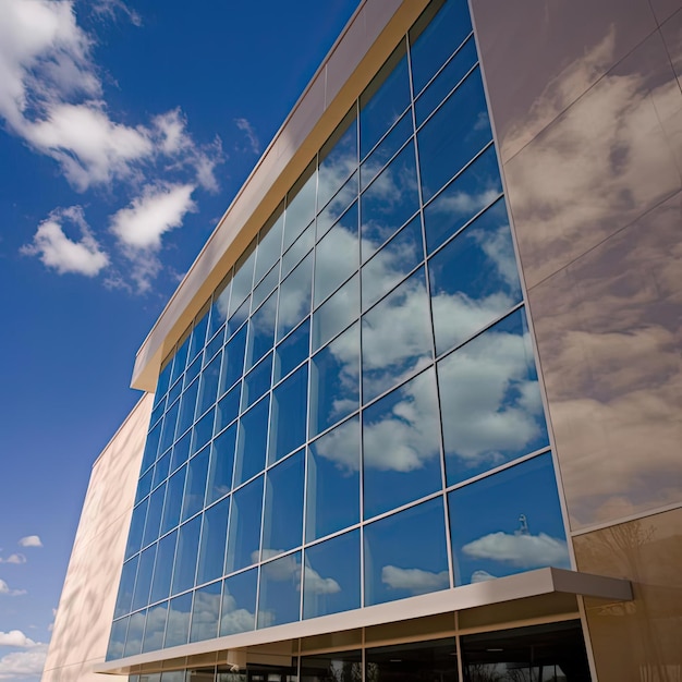 Edifício de escritórios moderno com reflexo de céu azul e nuvens