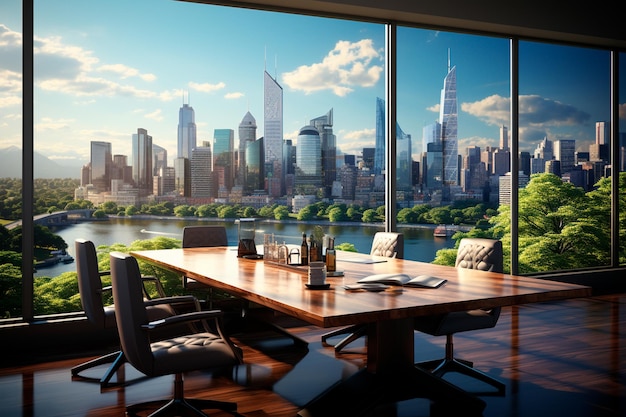 edifício de escritórios moderno da cidade com mesa de vidro e vista da paisagem urbana