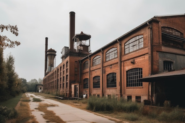 Foto edifício de fábrica de tijolos rústicos com chaminés e correias transportadoras