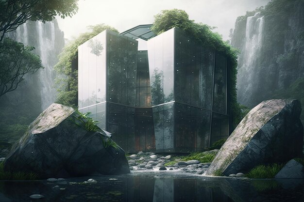 Edifício de vidro cercado por cachoeiras e vegetação criando um ambiente tranquilo