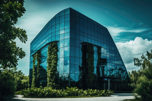 Edifício de vidro cercado por uma vegetação luxuriante e um céu azul claro ao fundo