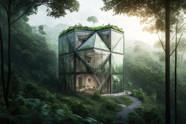 Edifício de vidro cercado por vegetação exuberante com vista para a paisagem circundante