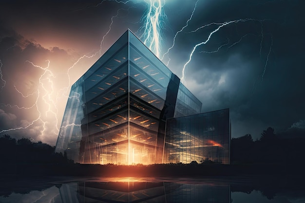 Edifício de vidro com vista para relâmpagos dramáticos de tempestade piscando no céu