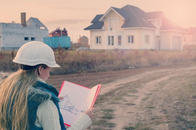 Foto edificio en desarrollo concepto de construcción y arquitectura mujer en casco blanco con plano y portapapeles