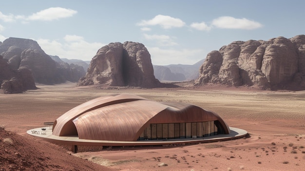 Un edificio en el desierto con un gran techo en forma de cúpula.