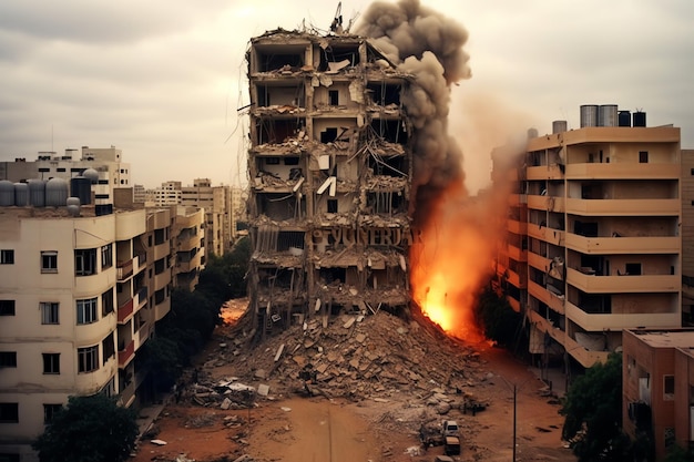 Edificio destruido por bombas con escombros en el conflicto de Gaza Palestina Israel o Rusia Destrucción de guerra