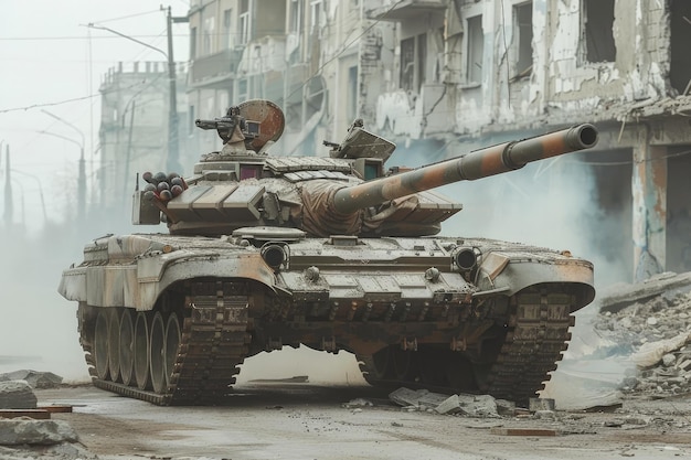 Foto un edificio destruido con un tanque en primer plano