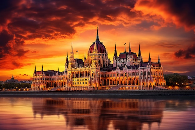 Foto edifício do parlamento húngaro em budapeste ao pôr-do-sol hungria europa parlamento húngar em budapeste no pôr- do-sol ai gerado