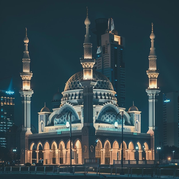 Edifício e arquitetura intrincada da mesquita à noite