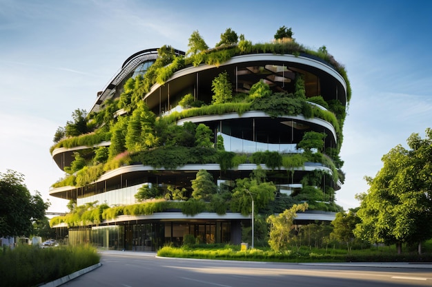 Edificio ecológico en la ciudad moderna Edificio de oficinas de vidrio sostenible con árbol para reducir el CO2