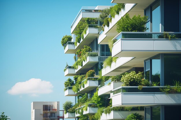 Edificio ecológico en la ciudad moderna Edificio de oficinas de vidrio sostenible con árbol para reducir el CO2