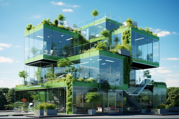 Edificio ecológico en la ciudad moderna Edificio de oficinas de vidrio sostenible con árbol para reducir el CO2