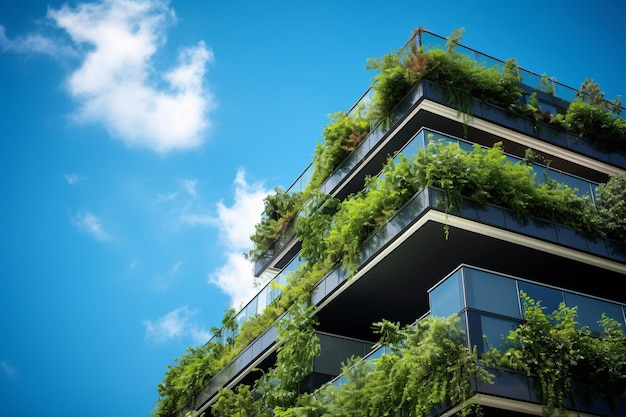 Edificio ecológico en la ciudad moderna Edificio de oficinas de vidrio sostenible con árbol para reducir el CO2