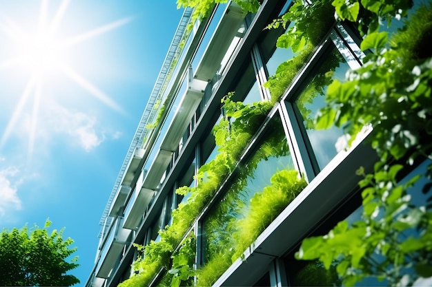 Edificio ecológico en la ciudad moderna Edificio de oficinas de vidrio sostenible con árbol para reducir el CO2