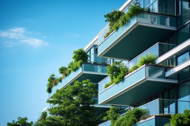 Edifício ecológico na cidade moderna Edifício de escritórios de vidro sustentável com árvore para reduzir o CO2