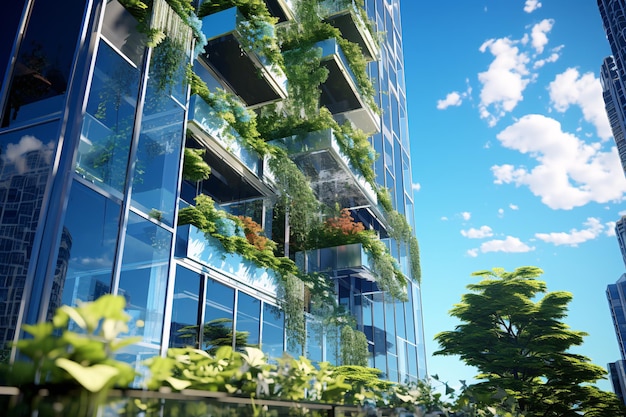 Edifício ecológico na cidade moderna Edifício de escritórios de vidro sustentável com árvore para reduzir o CO2