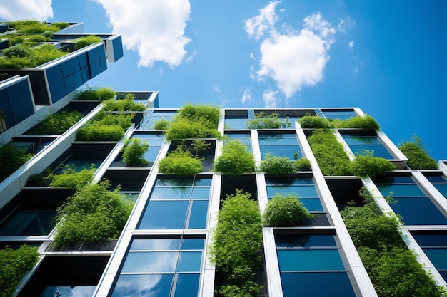 Edifício ecológico na cidade moderna Edifício de escritórios de vidro sustentável com árvore para reduzir o CO2
