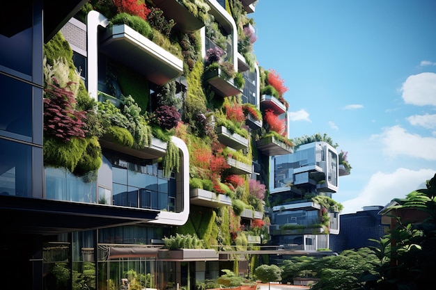 Edifício ecológico na cidade moderna Edifício de escritórios de vidro sustentável com árvore para reduzir o CO2