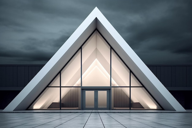 edifício em forma de triângulo arafado com uma porta de vidro e uma IA generativa de fundo do céu