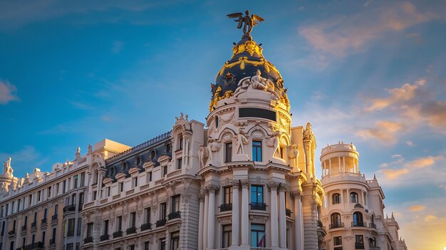 Un edificio emblemático en la ciudad de Madrid España con los suaves tonos dorados de la IA generativa