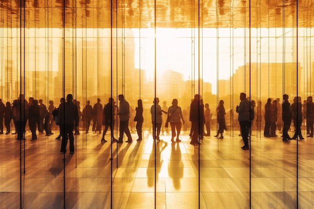 Edificio emblemático personas arquitectura turismo negocio ciudad moderna puesta de sol urbana IA generativa