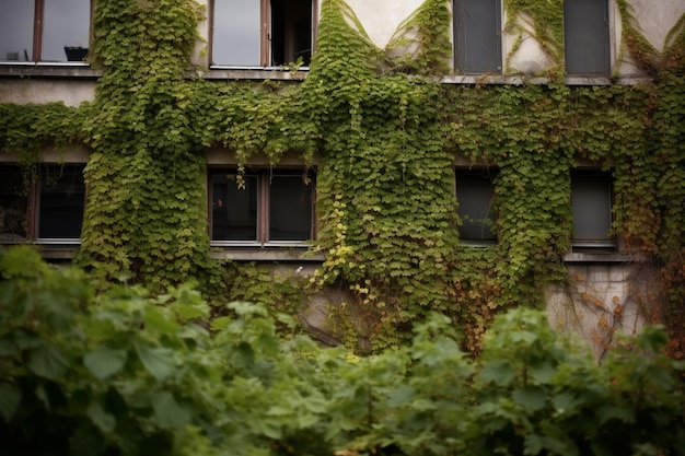 Un edificio con enredaderas a un lado.