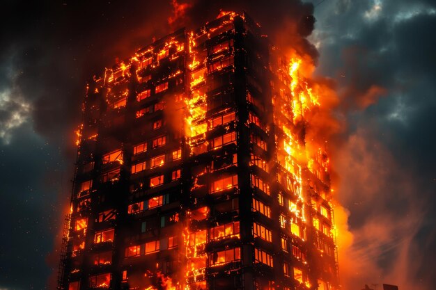 Edifício envolto em chamas bombeiros lutando contra o incêndio em meio à fumaça e ao caos