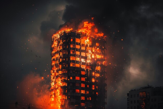 Edifício envolto em chamas bombeiros lutando contra o incêndio em meio à fumaça e ao caos