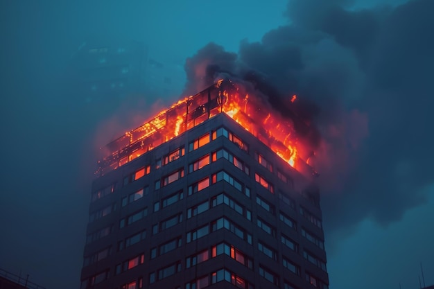 Edificio envuelto en llamas bomberos luchando contra las llamas en medio del humo y el caos