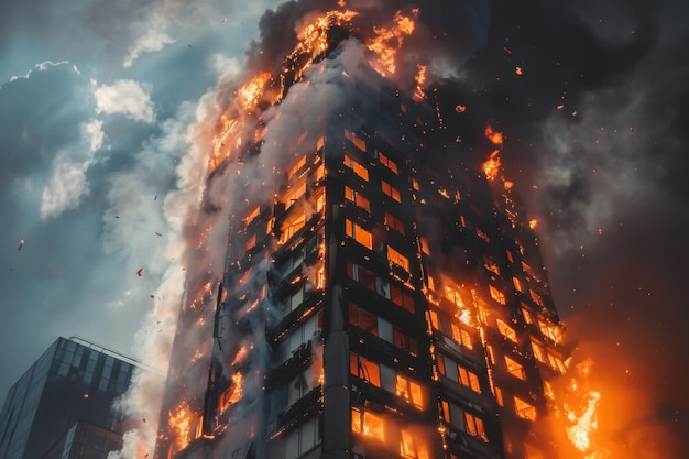 Edificio envuelto en llamas bomberos luchando contra las llamas en medio del humo y el caos