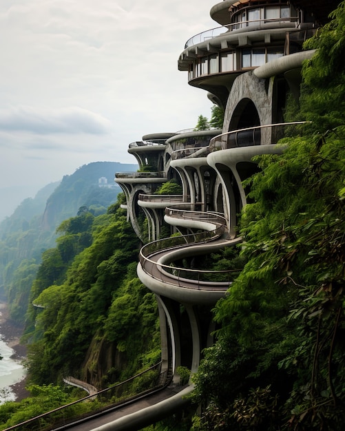 Foto un edificio con una escalera que tiene una escalera de espiral en ella