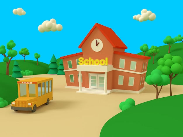 Edificio escolar y autobús amarillo con verano verde hermoso paisaje. De vuelta a la escuela. Ilustración de estilo volumétrico. Render 3D