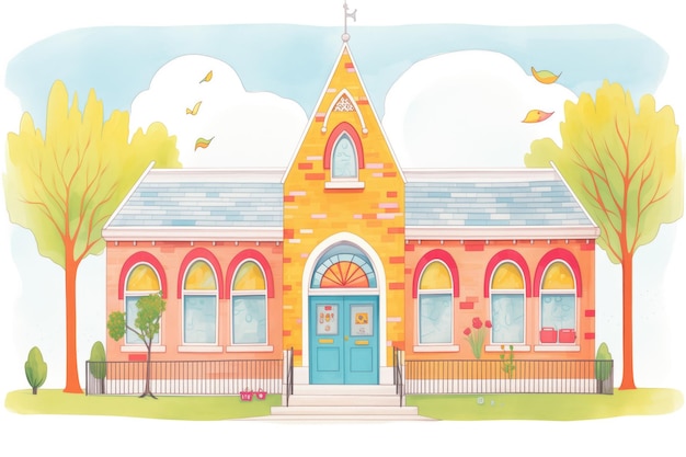 Edifício escolar de renascimento gótico com janelas de arco pontudo coloridas ilustração de estilo de revista