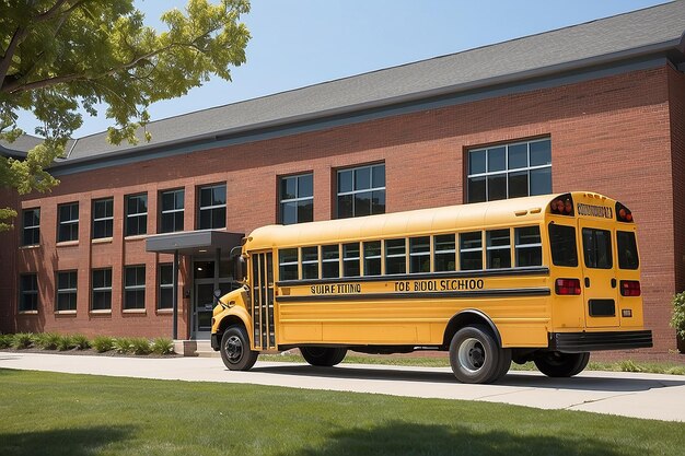 Foto edifício escolar de tijolos vermelhos com ônibus escolar amarelo na frente pronto para transportar estudantes para casa ou deixar