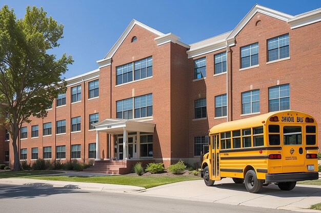 Foto edificio escolar de ladrillo rojo con autobús escolar amarillo en la parte delantera listo para transportar a los estudiantes a casa o dejarlos