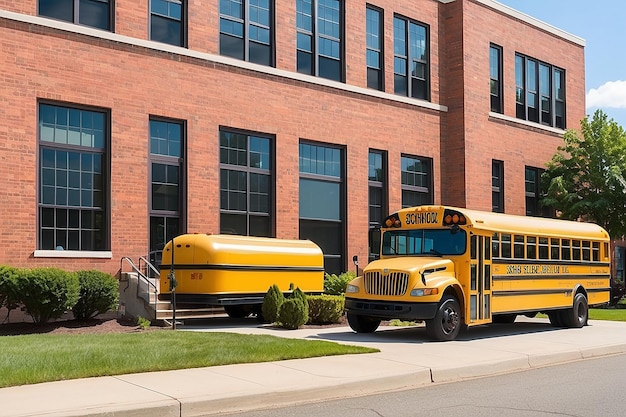 Edificio escolar de ladrillo rojo con autobús escolar amarillo en la parte delantera listo para transportar a los estudiantes a casa o dejarlos