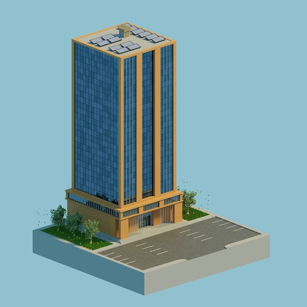 un edificio y estacionamiento 3d render isométrico mediodía diurna