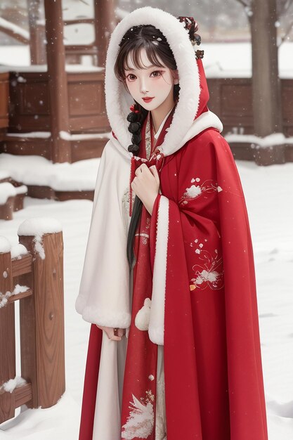 Edificio de estilo antiguo chino, patio, nieve de invierno, hermosa chica con abrigo Hanfu, papel tapiz