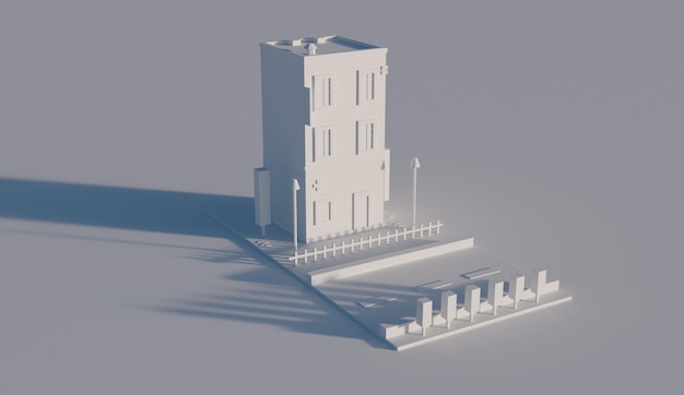 Edificio de estilo plano con senderos, árboles de carretera y luces de la calle de la construcción de elementos de la casa, icono isométrico de la industria, representación 3D