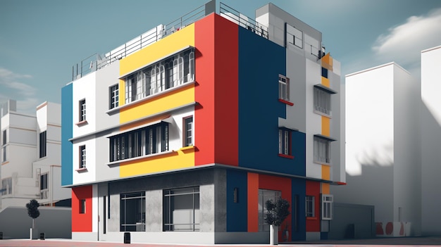 Un edificio con un exterior azul y amarillo y un exterior rojo y amarillo.