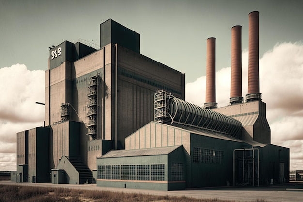 Edificio de fábrica moderno con chimeneas y unidades de ventilación.