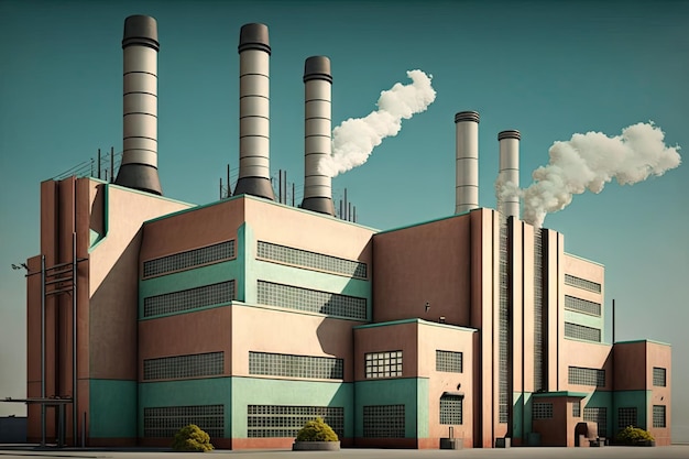 Edificio de fábrica moderno con chimeneas y unidades de ventilación.