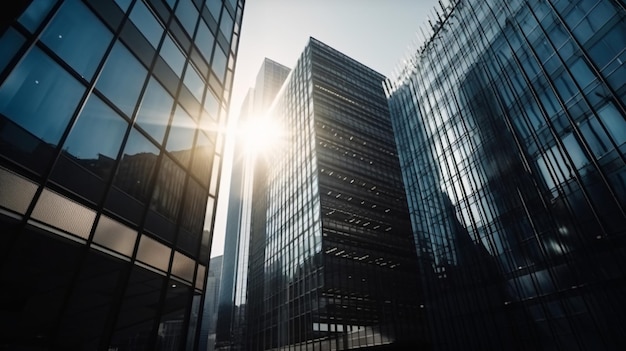 Un edificio con fachada de cristal y el sol brillando sobre él