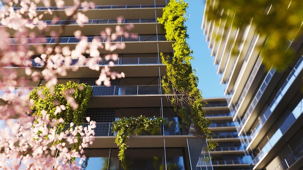 Un edificio con fachada verde y un edificio con un balcón con un árbol en la parte superior.