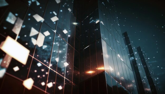 Un edificio con fachada de vidrio y una luz en la parte inferior.