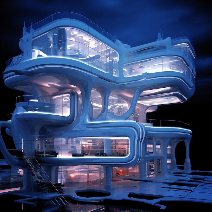 Foto un edificio con un fondo azul y la palabra "en la parte superior".